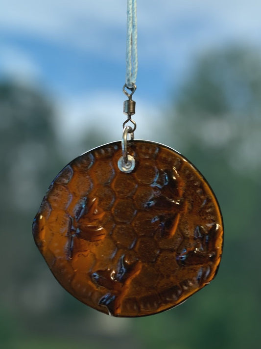 Honeycomb with Tiny Bees Recycled Bottle Bottom Suncatcher