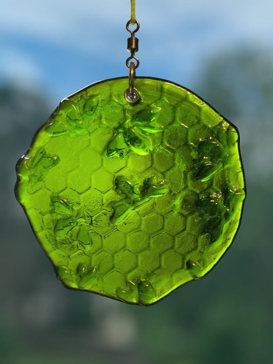 Honeycomb with Tiny Bees Recycled Bottle Bottom Suncatcher
