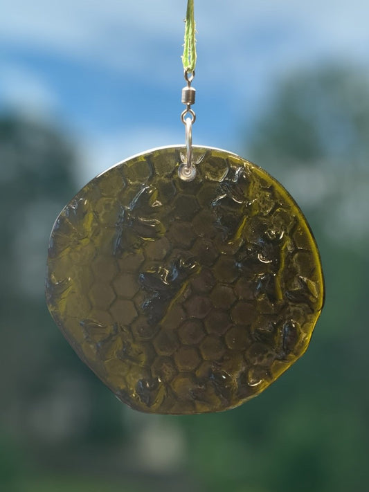 Honeycomb with Tiny Bees Recycled Bottle Bottom Suncatcher