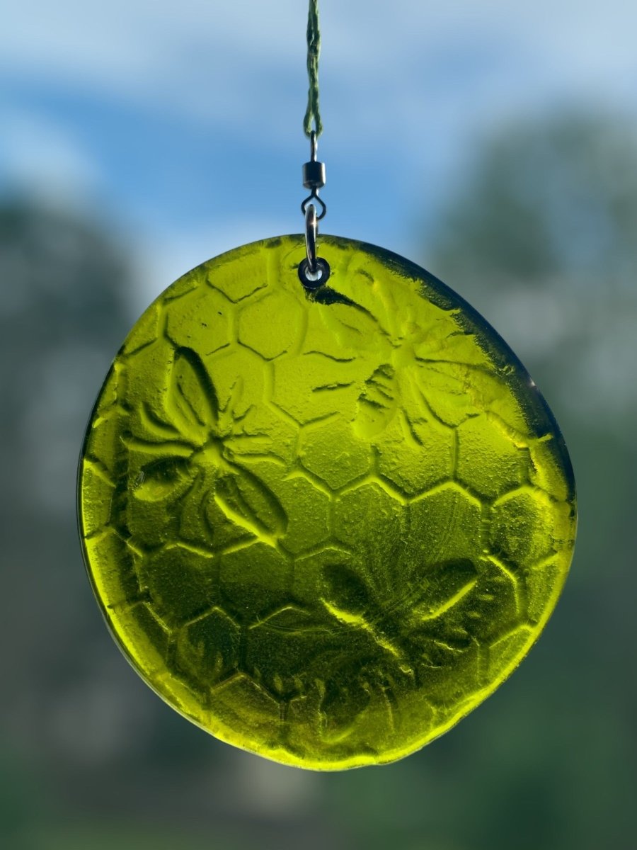 Honeycomb with Tiny Bees Recycled Bottle Bottom Suncatcher