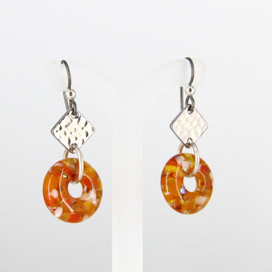 Orange Glass Earrings with Silver Accents