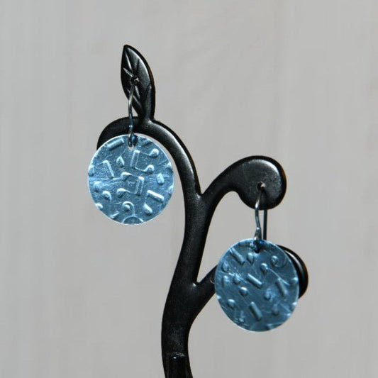 Pale Blue Anodized Niobium Dangle Earrings with Music Notes Pattern