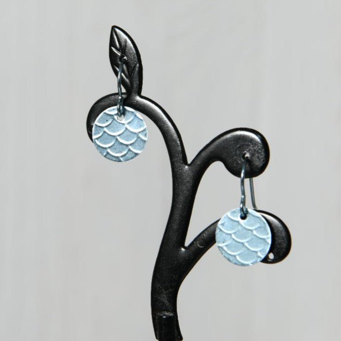 Pale Blue Anodized Niobium Dangle Earrings with Scale Pattern