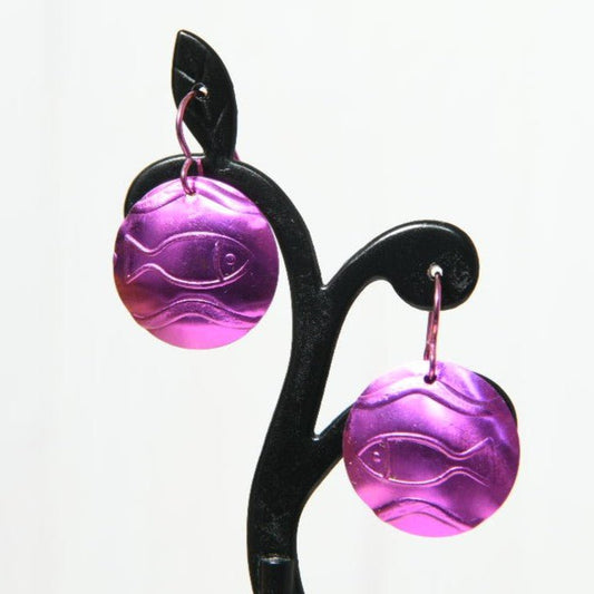 Pink Anodized Niobium Dangle Earrings with Fish Pattern