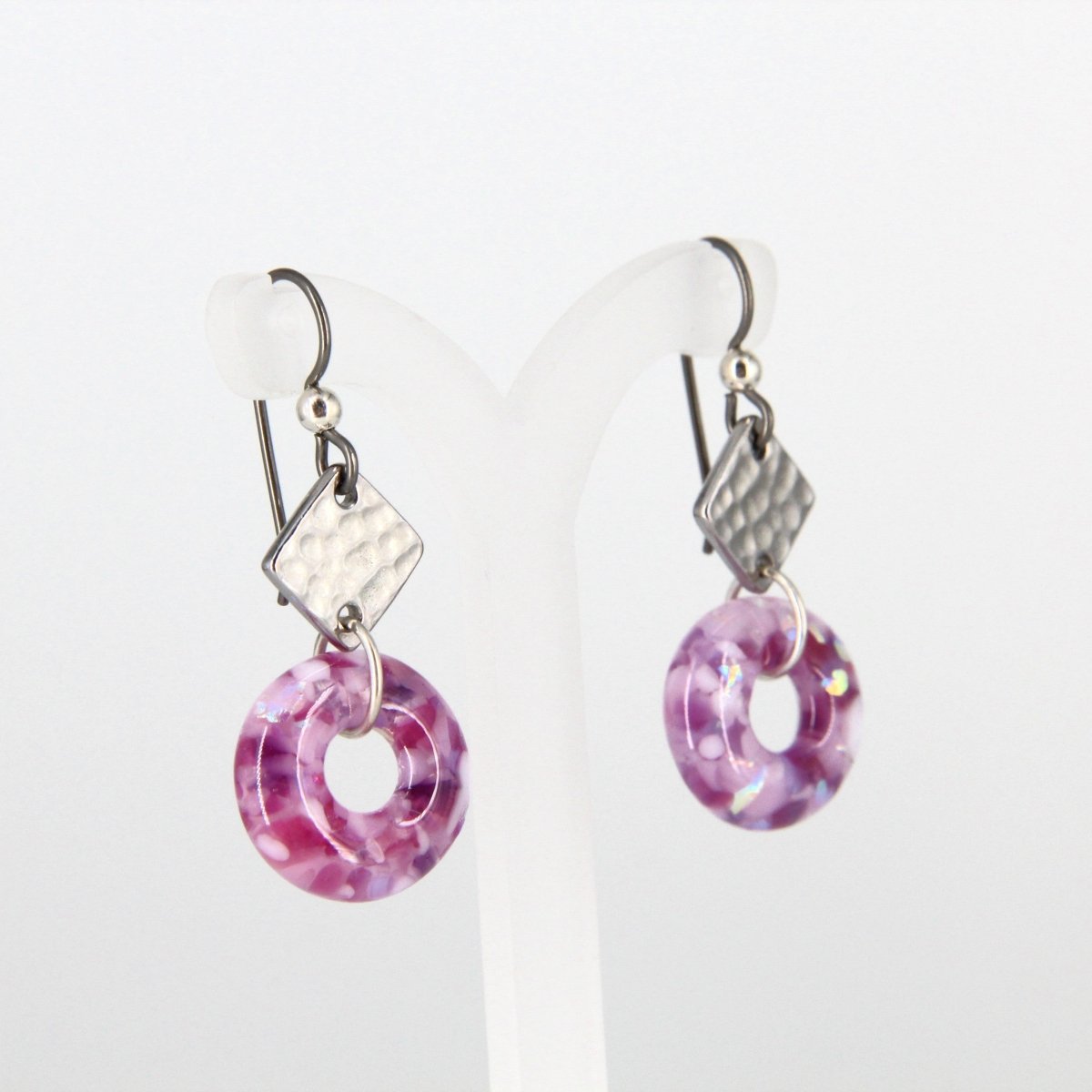 Pink Glass Earrings with Silver Accents