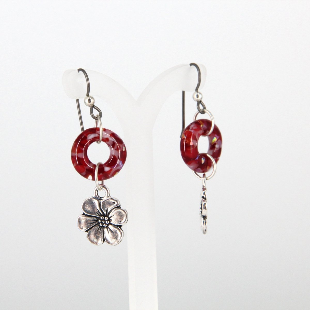 Red Glass Earrings with Silver Accents