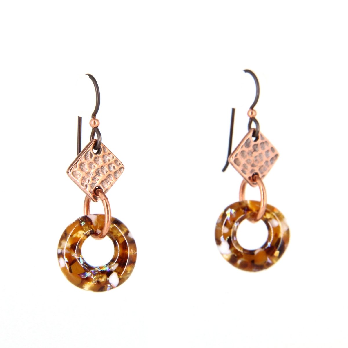 Speckled Amber Colored Glass Earrings with Copper Accents