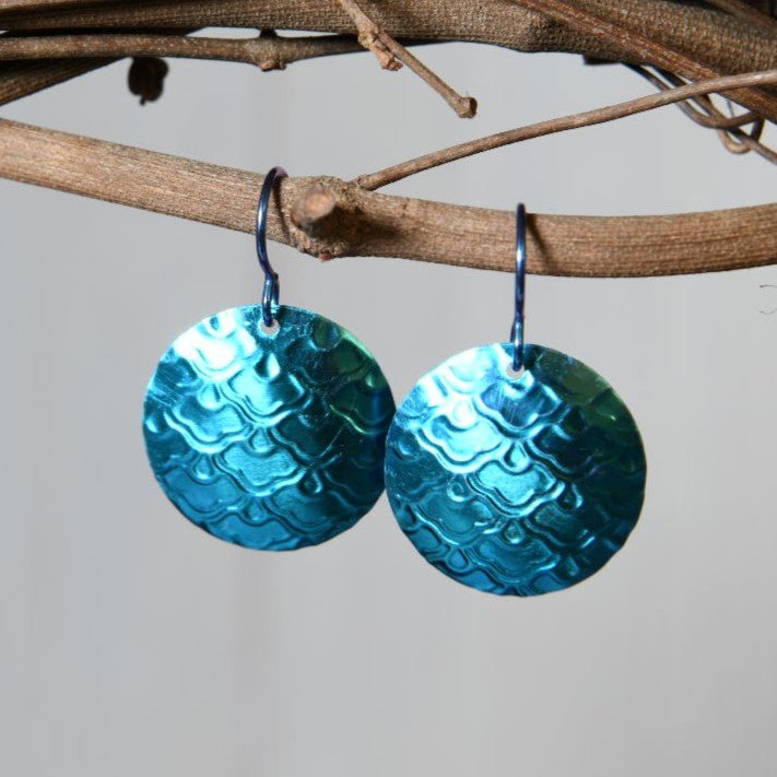Turquoise Anodized Niobium Dangle Earrings with Scale Pattern