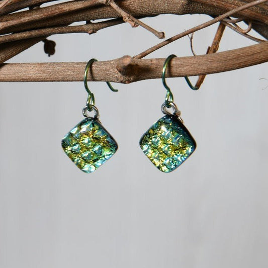 Yellow with Green Scale Pattern Dichroic Glass Earrings