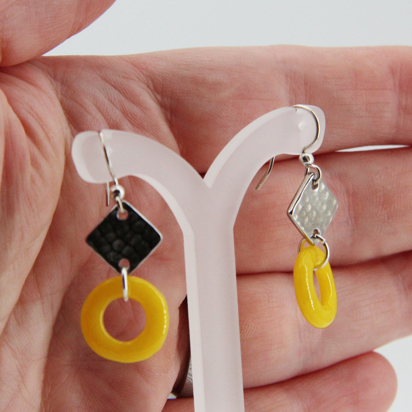 Yellow Glass Earrings with Silver Diamond Shaped Charm
