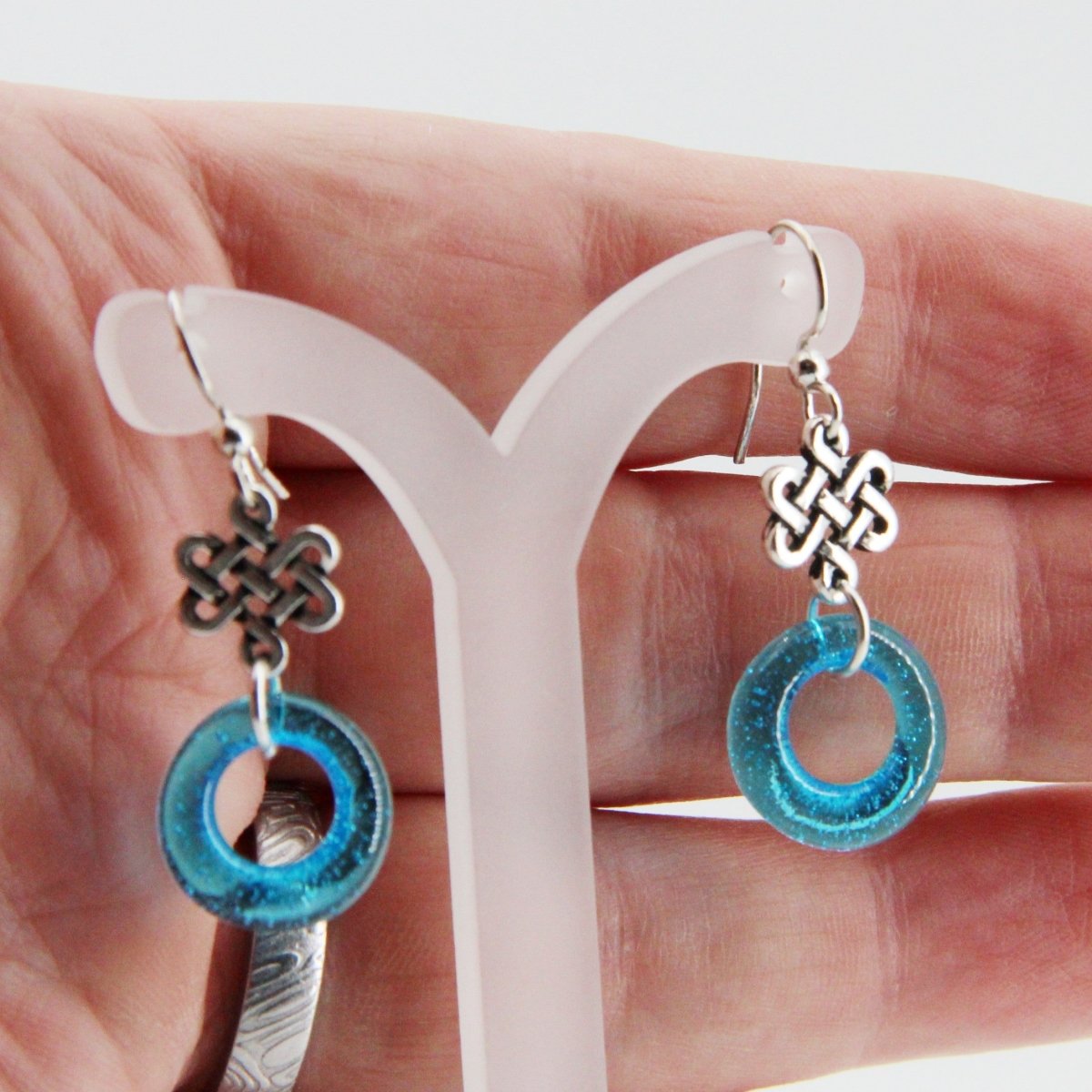 Aqua Blue Glass Earrings with Silver Celtic Eternity Symbol