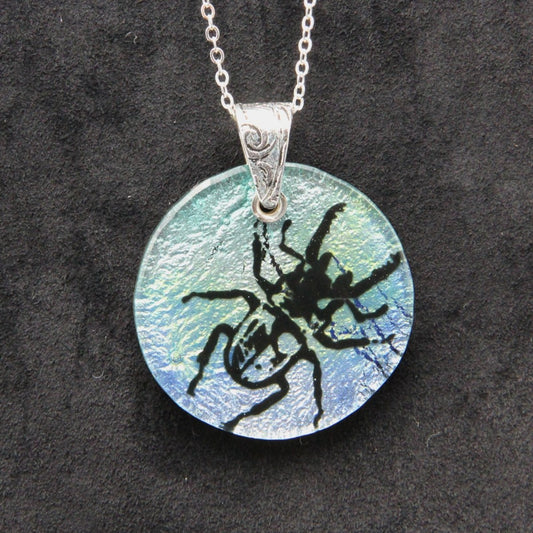 Blue and Green Beetle Glass Pendant on a Silver Chain