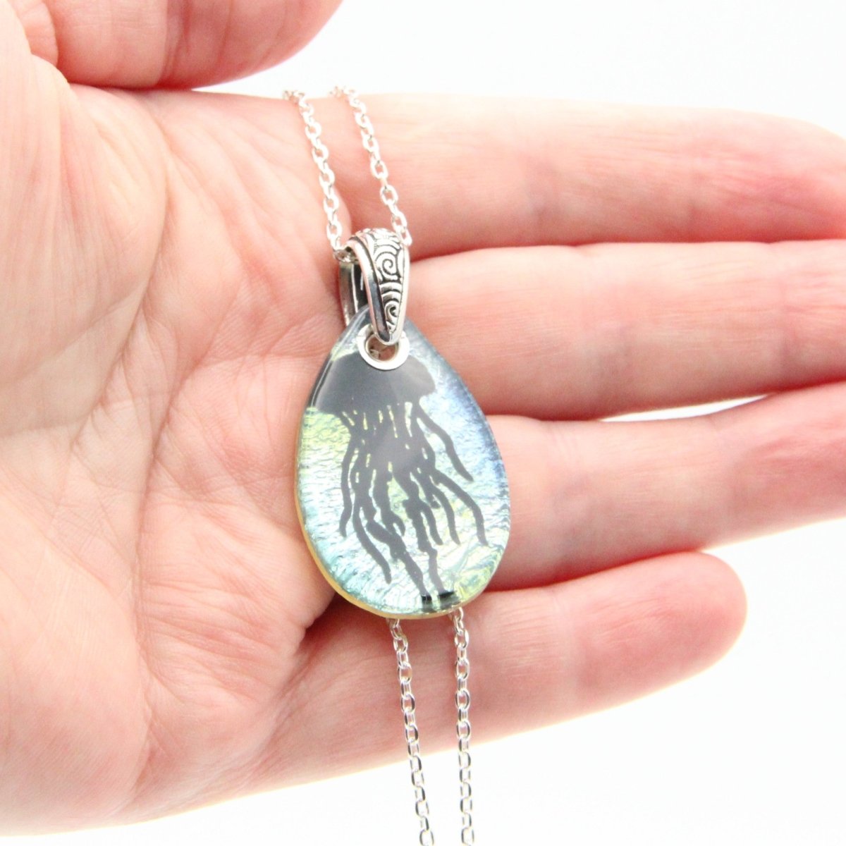 Blue and Green Jellyfish Glass Pendant on a Silver Chain