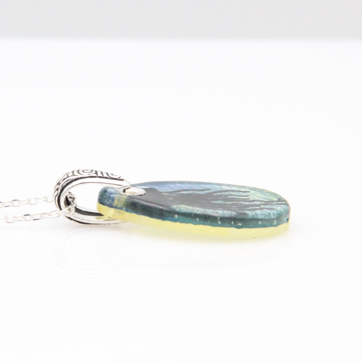 Blue and Green Jellyfish Glass Pendant on a Silver Chain
