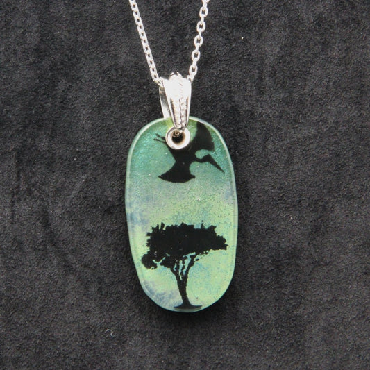 Blue and Green Pterodactyl Glass Pendant on a Silver Chain