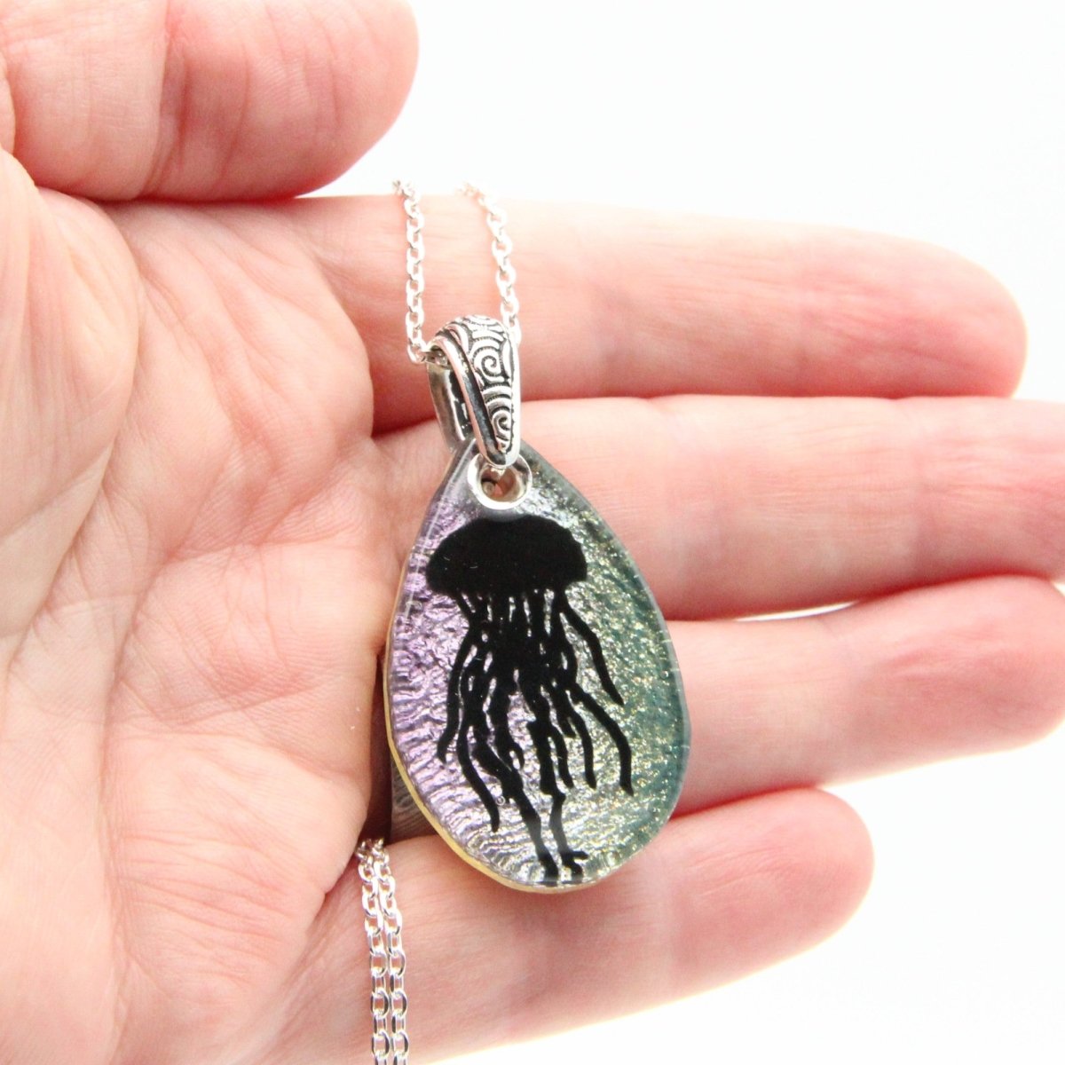 Blue and Pink Jellyfish Glass Pendant on a Silver Chain