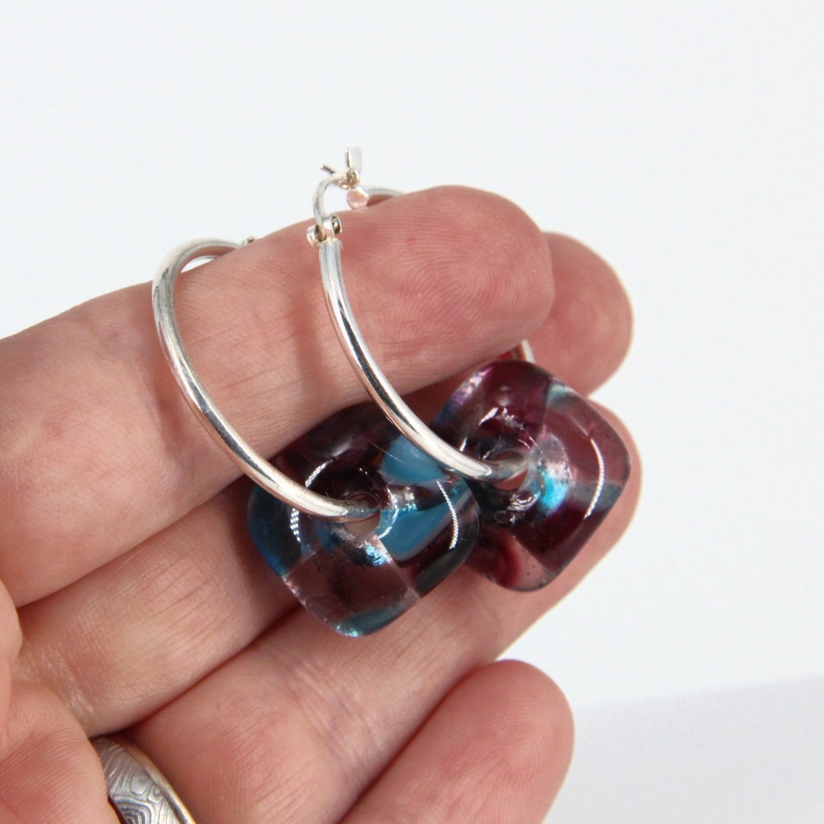 Blue and Purple Glass Hoop Earrings