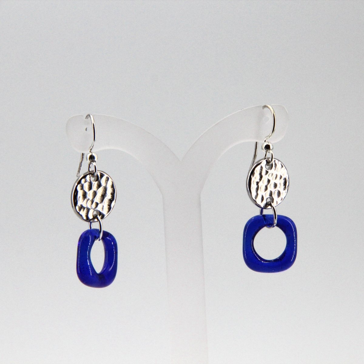 Blue Glass Earrings with Round Silver Charm