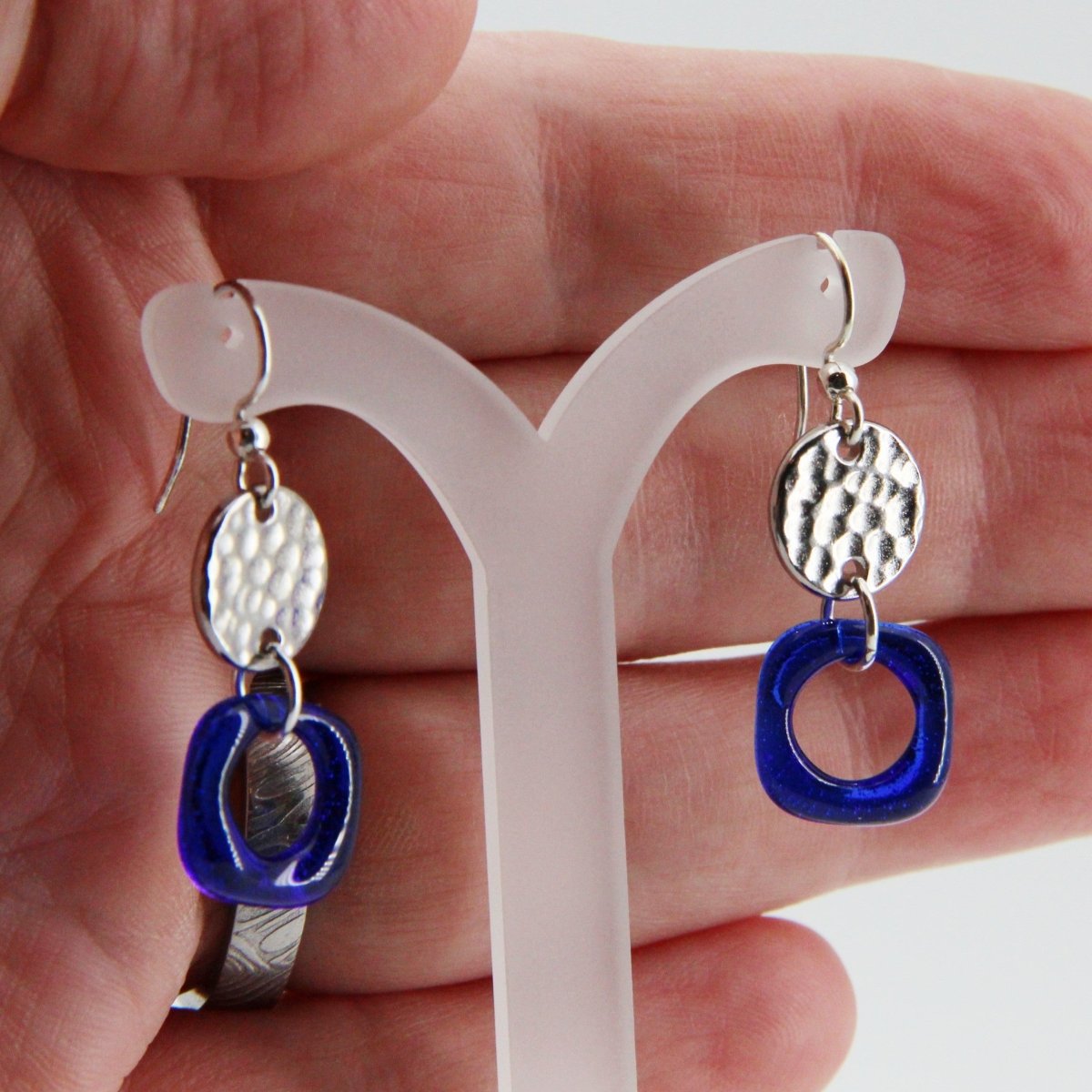 Blue Glass Earrings with Round Silver Charm