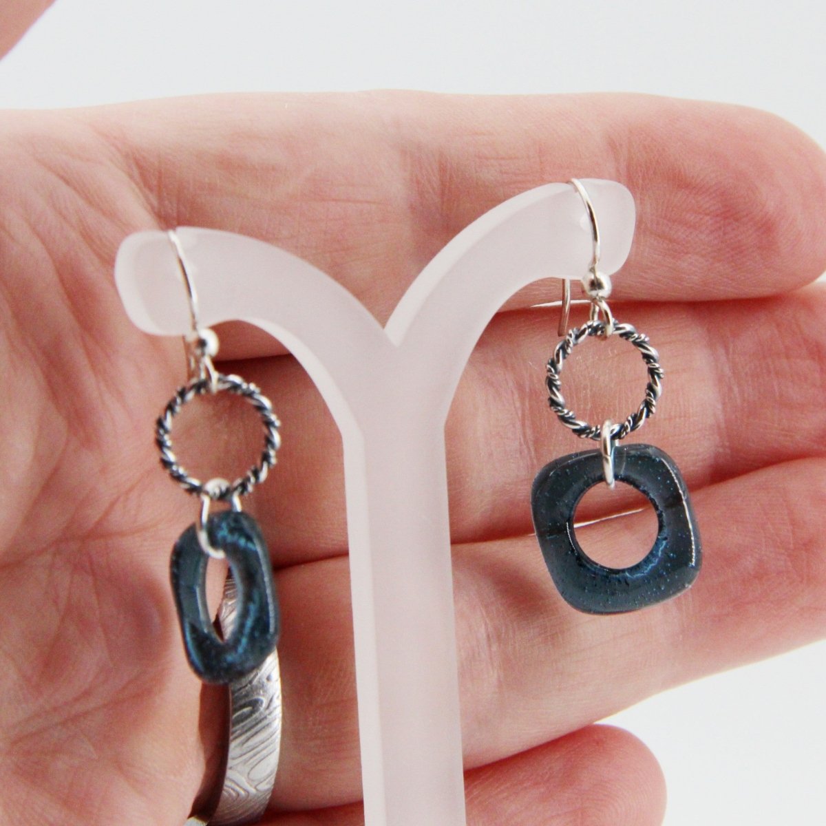 Blue Glass Earrings with Silver Twisted Wire Circle