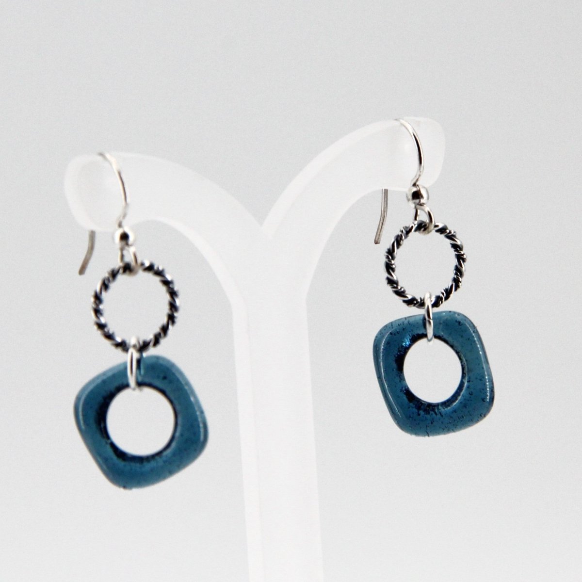 Blue Glass Earrings with Silver Twisted Wire Circle