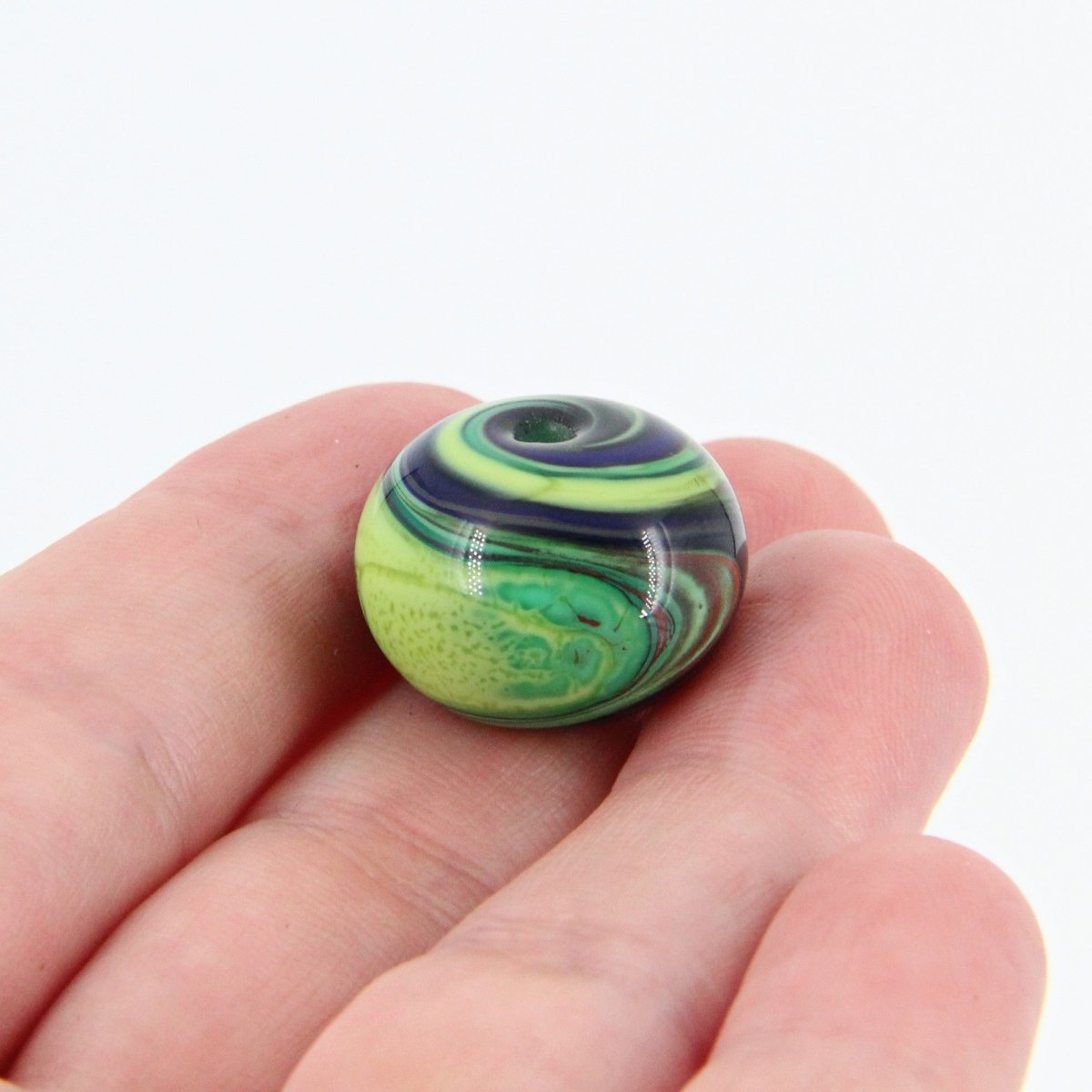 Bright Green and Blue Striped Statement Bead - Handmade Glass Lampwork, Unique Focal Bead for Pendant, Suncatcher, or Home Decorating
