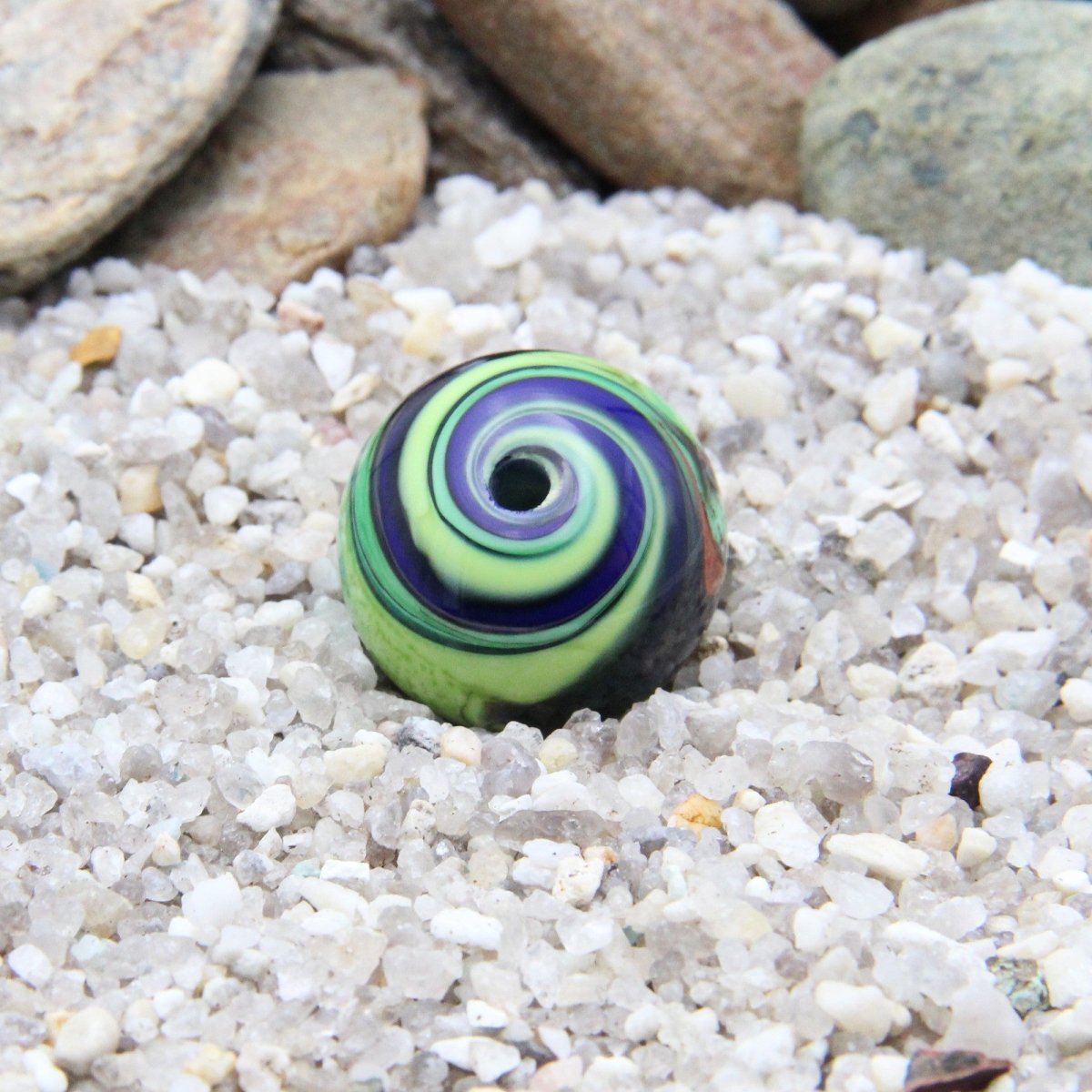 Bright Green and Blue Striped Statement Bead - Handmade Glass Lampwork, Unique Focal Bead for Pendant, Suncatcher, or Home Decorating