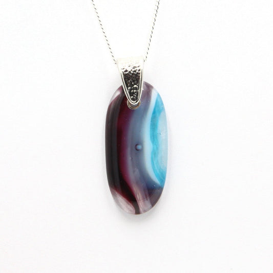 Burgundy, White, and Turquoise Glass Pendant with Silver Accents