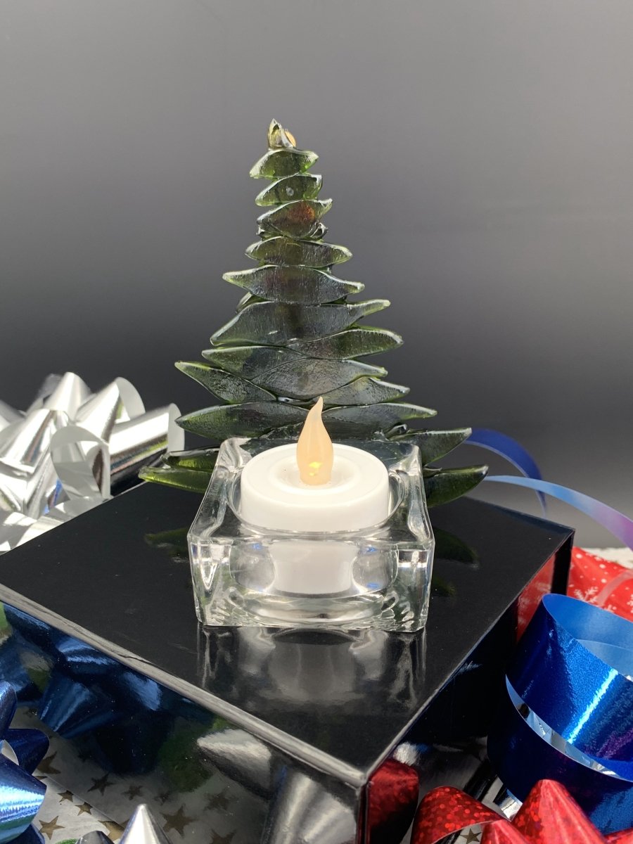 Christmas Tree Candle Holder from Upcycled Wine Bottle, Sustainable, Eco Friendly Holiday Gift with LED Light Votive Holder Included