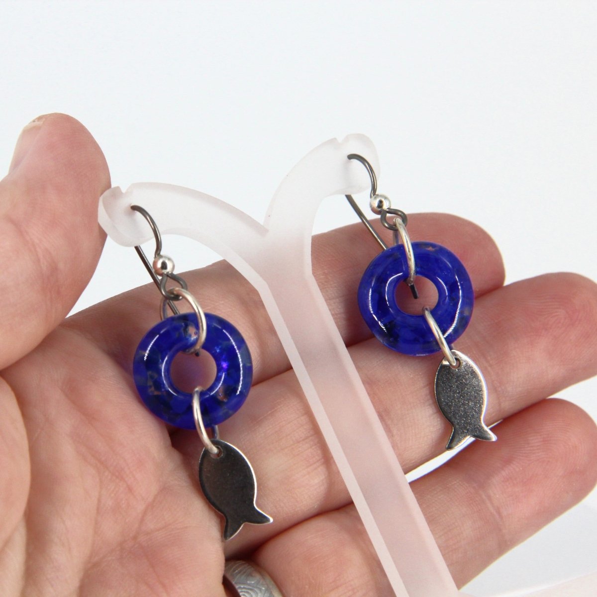Dangle Earrings with Aqua Blue Glass Donut and Fish Charm