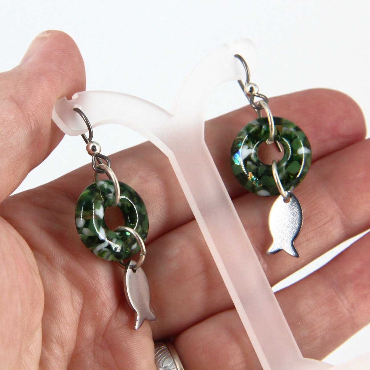 Dangle Earrings with Green Glass Donut and Fish Charm