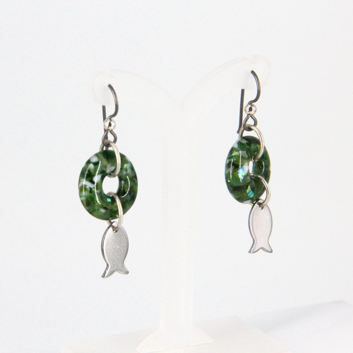 Dangle Earrings with Green Glass Donut and Fish Charm