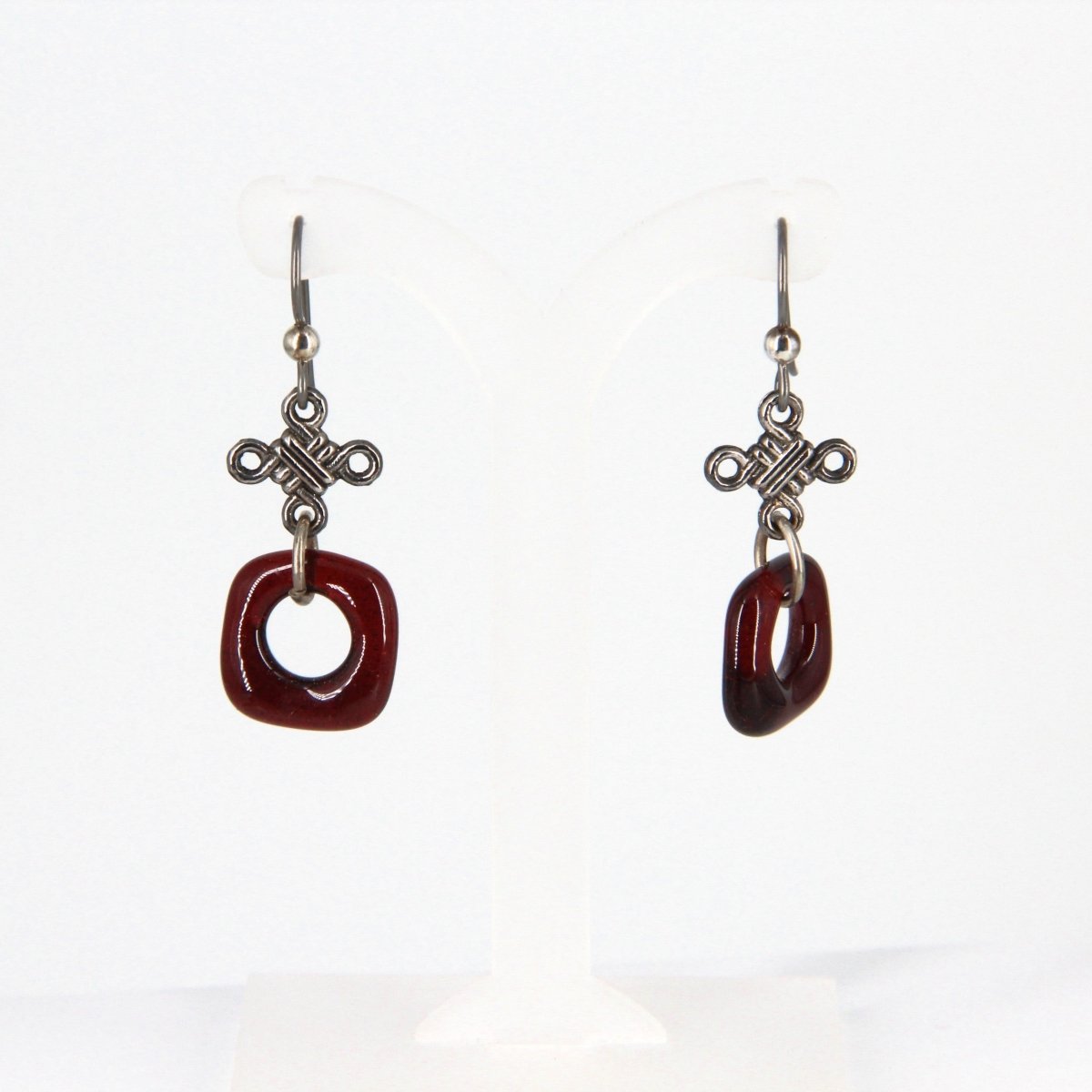 Dark Red Glass Dangle Earrings with Silver Knot Charm
