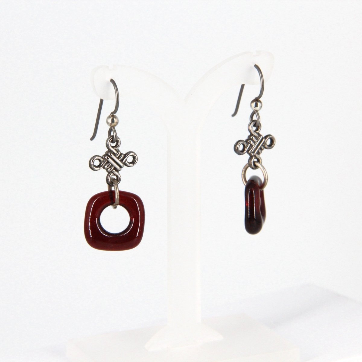 Dark Red Glass Dangle Earrings with Silver Knot Charm