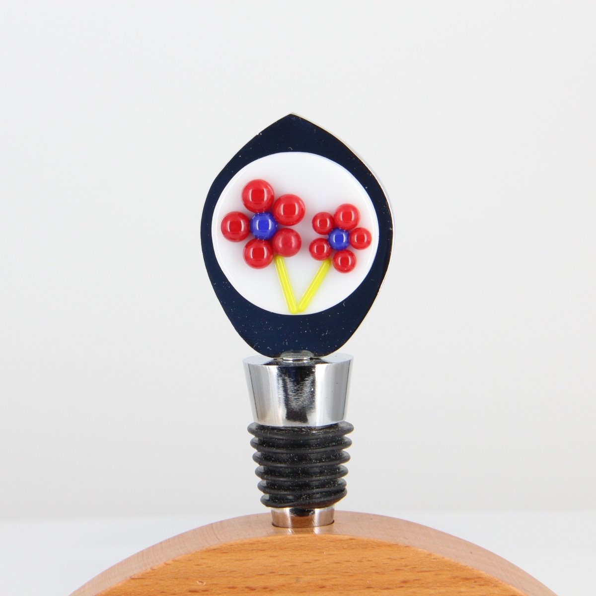 Decorative Wine Stopper with Red and Blue Glass Flower Accents
