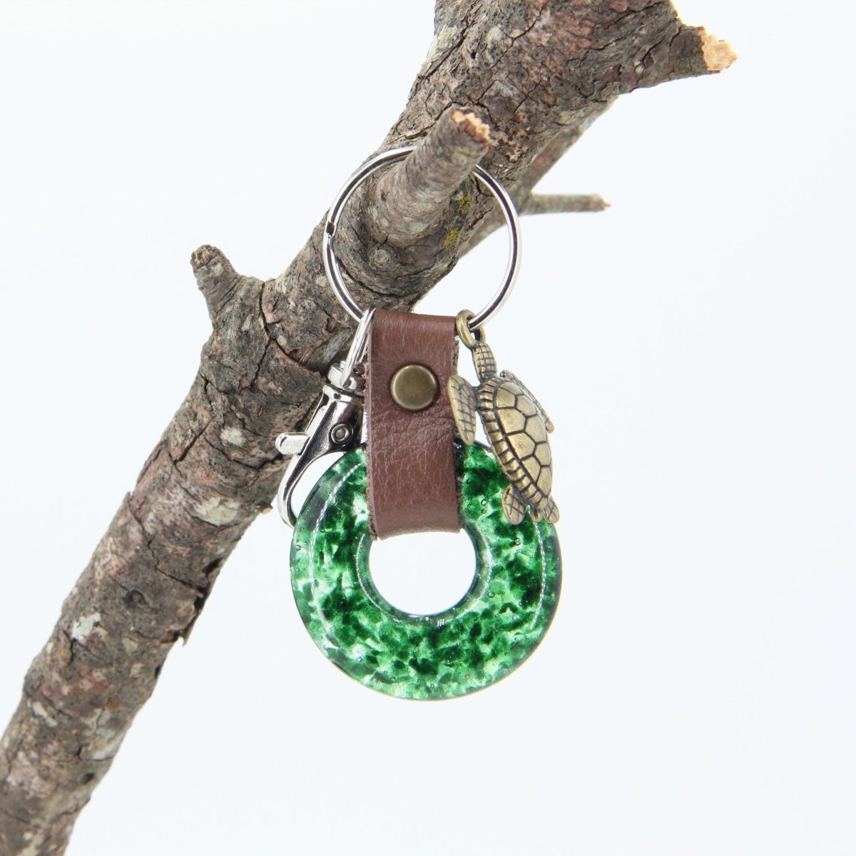 Glass and Leather Keychain with a Turtle Charm