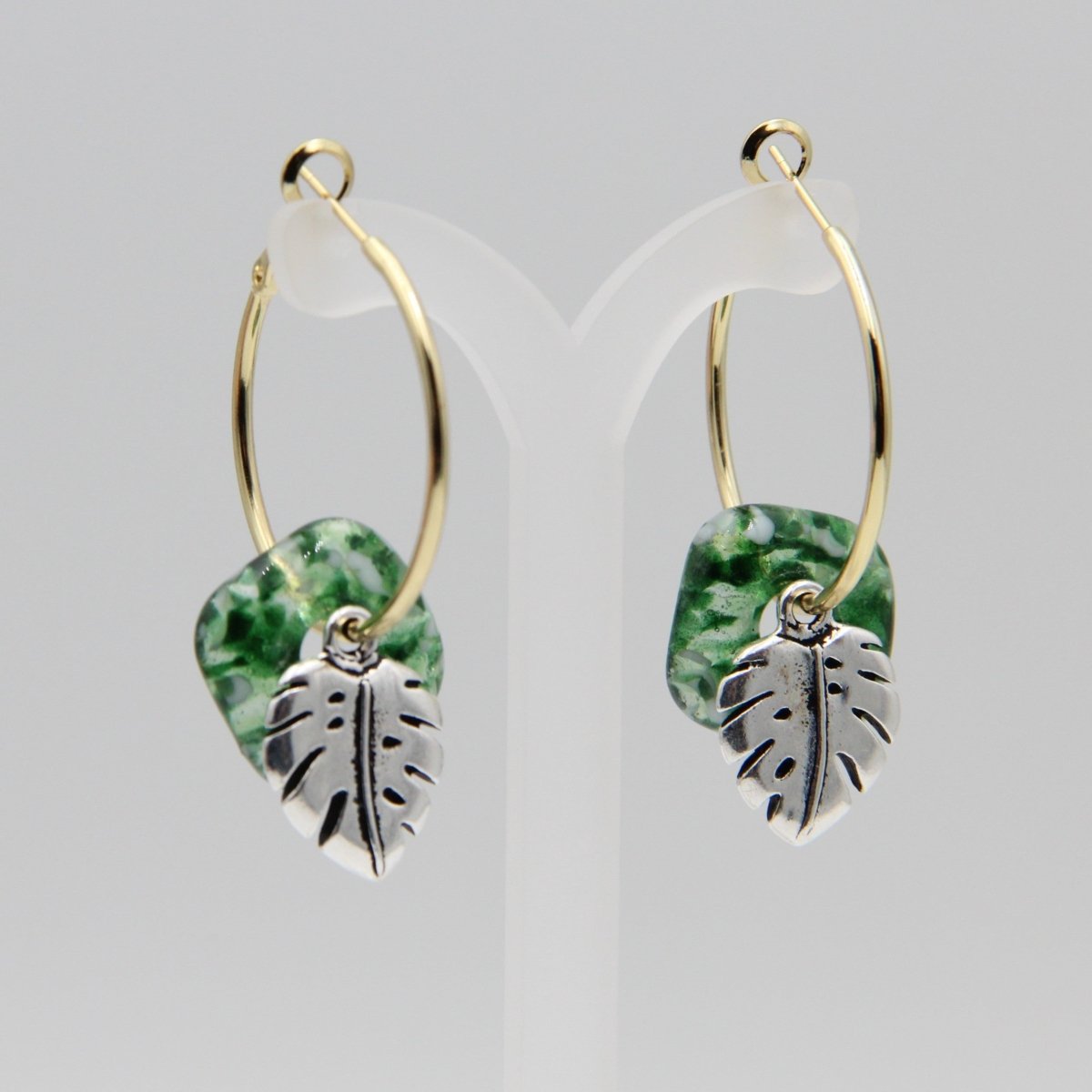Gold Hoop Earrings with Green Glass Donuts and Monstera Leaf Charms