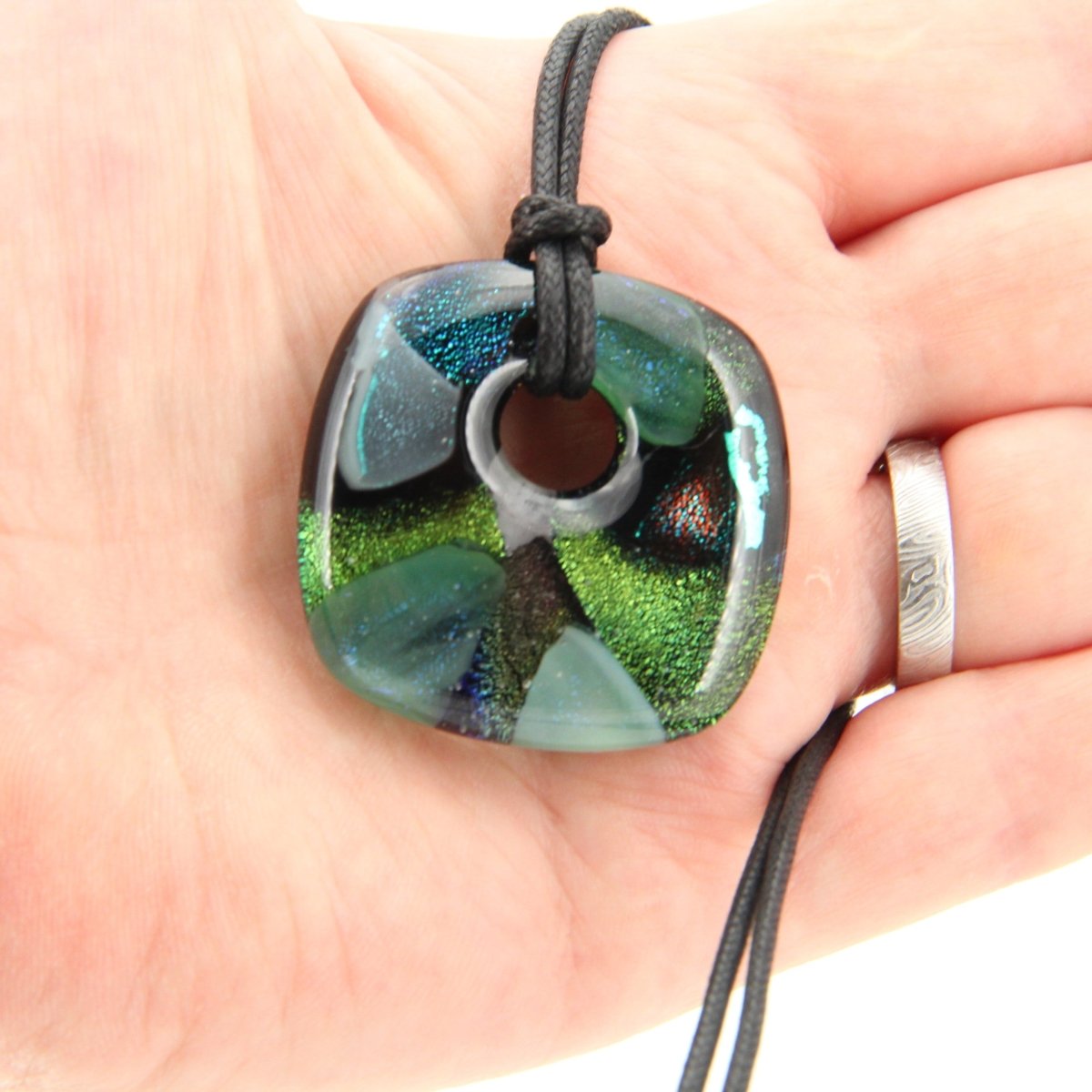 Green and Teal Chunky Square Dichroic Glass Pendant