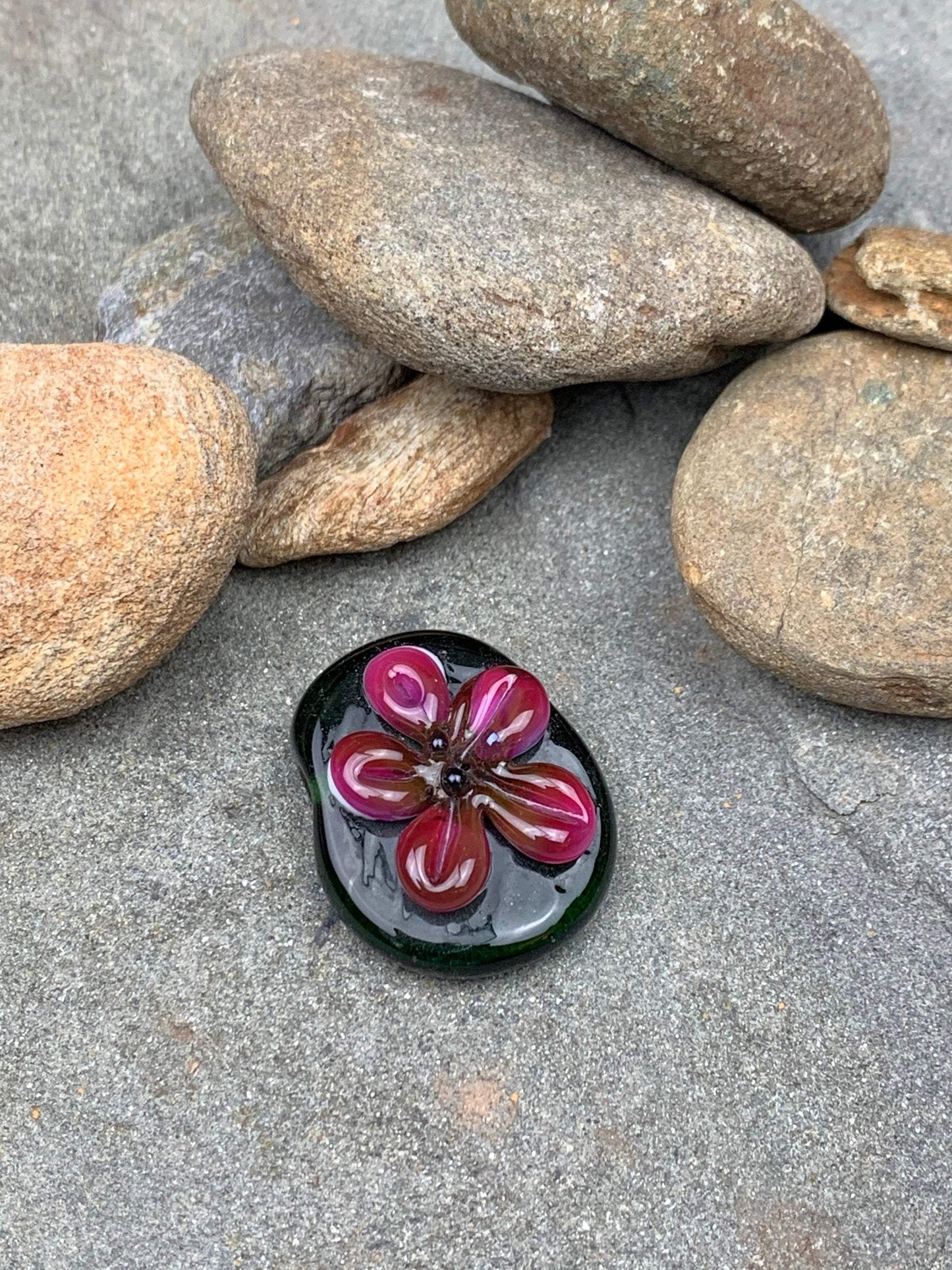 Handmade Glass Lampwork Focal Bead | Pink Flower on Green Background | One of a Kind Art Glass | Statement Bead for Pendant