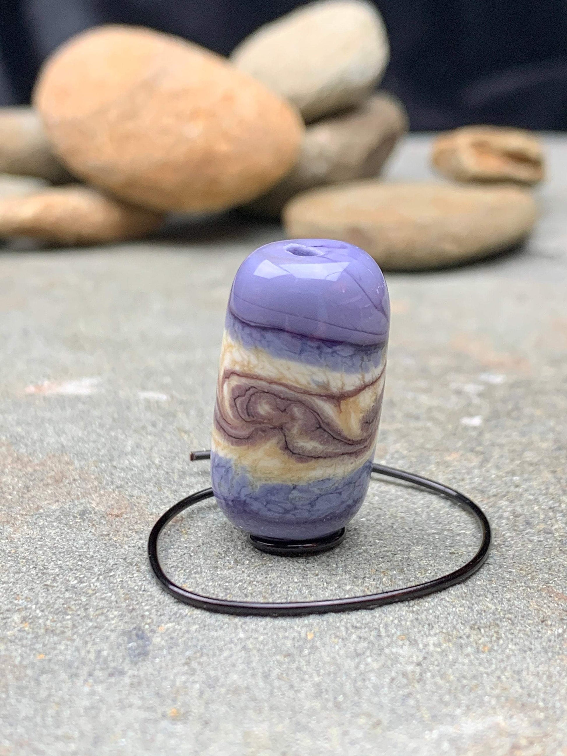 Ivory and Purple Swirled Glass Bead - Handmade Glass Lampwork Focal Bead, Glass Bead for Jewelry, Statement Bead for Pendant