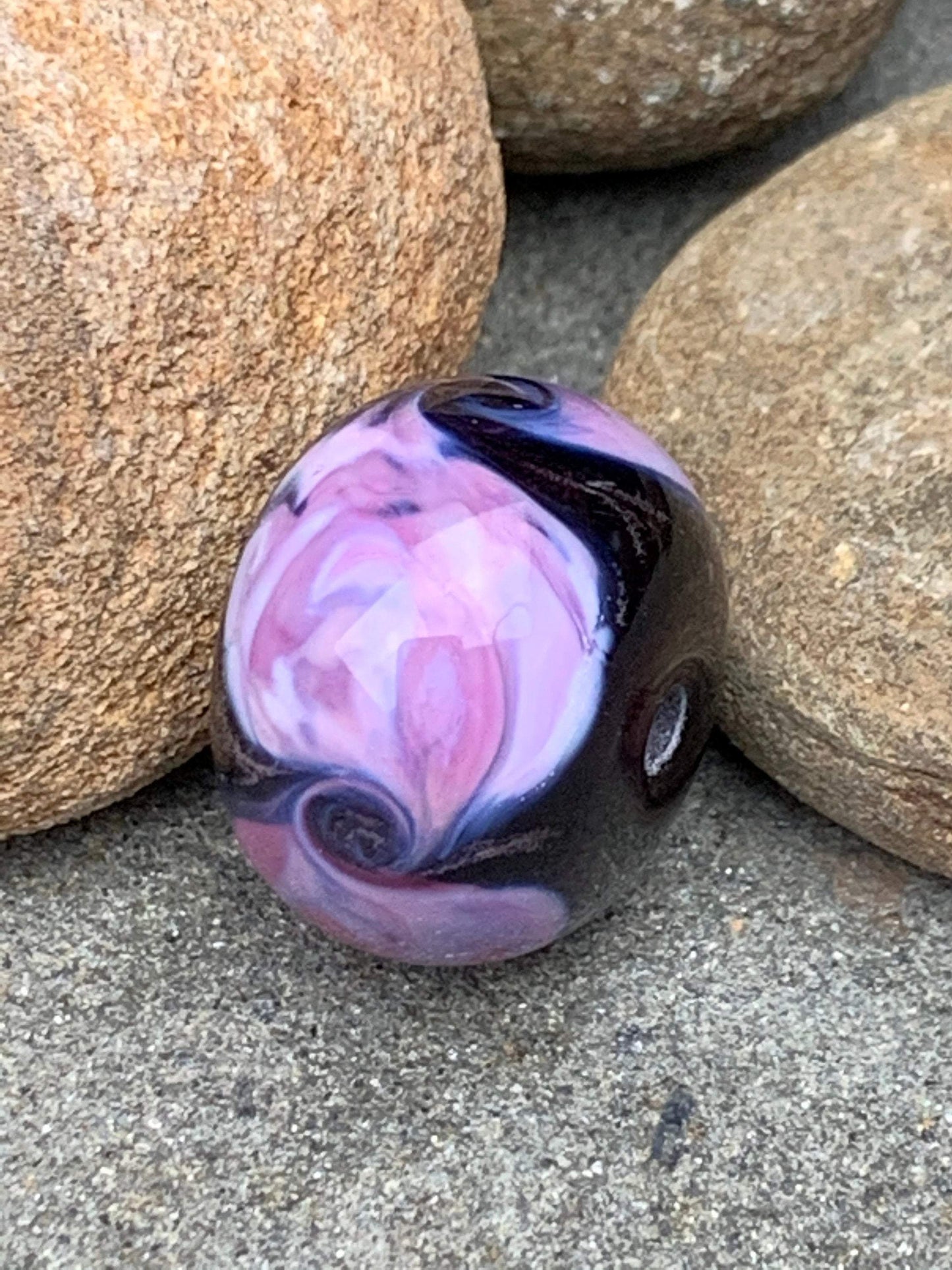 Pink on Black Swirled Glass Bead - Handmade Glass Lampwork Focal Bead, Glass Bead for Jewelry, Statement Bead for Pendant