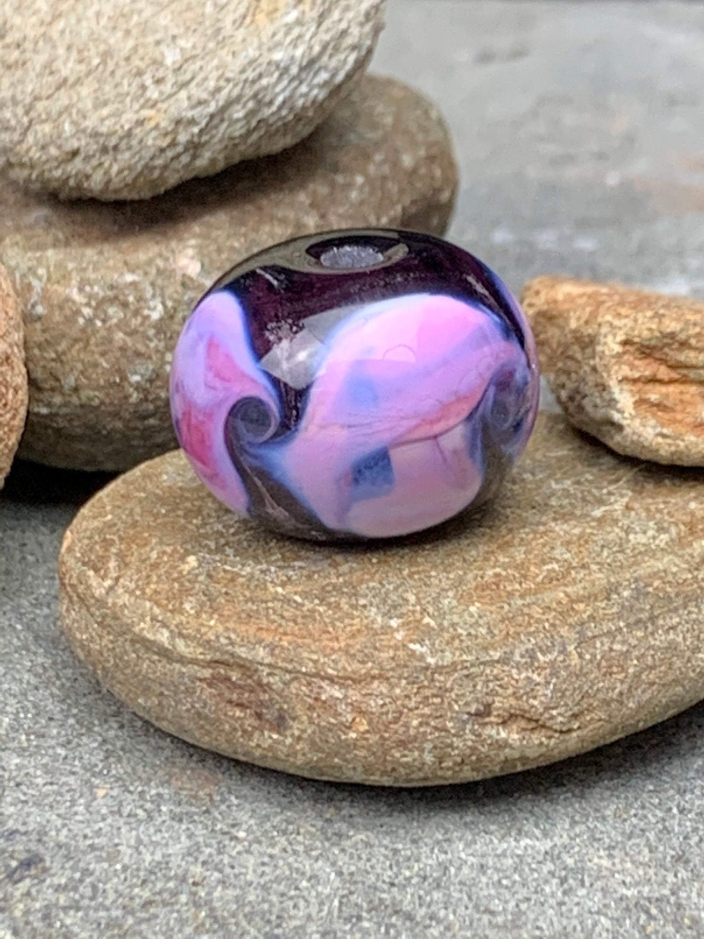 Pink on Black Swirled Glass Bead - Handmade Glass Lampwork Focal Bead, Glass Bead for Jewelry, Statement Bead for Pendant