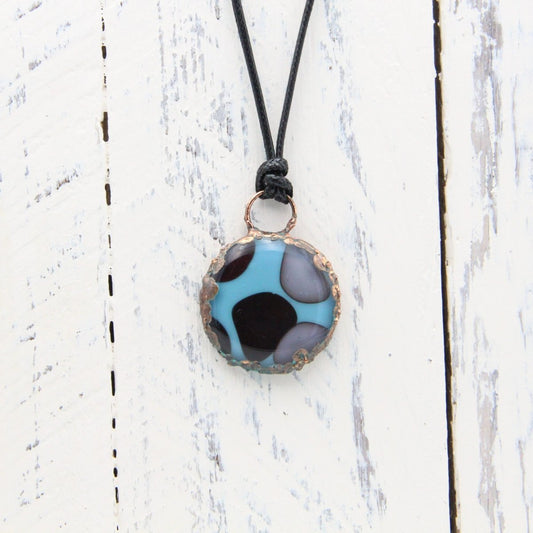 Handmade Turquoise, Black, and Gray Glass Pendant on a Black Cord