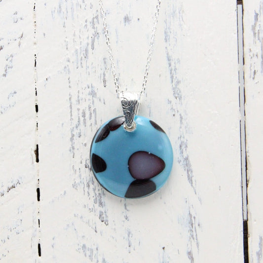Handmade Turquoise, Black, and Gray Glass Pendant on a Silver Chain