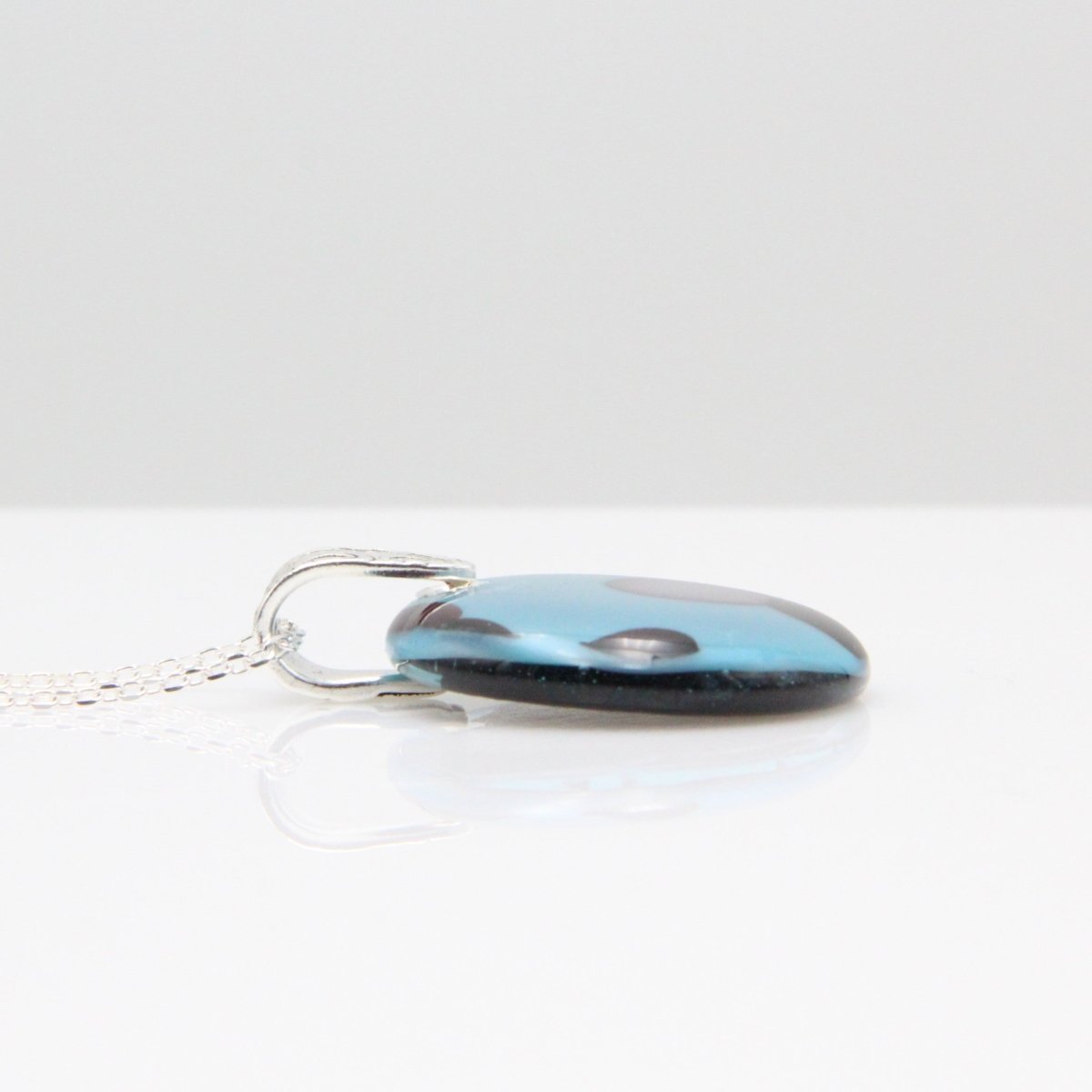 Handmade Turquoise, Black, and Gray Glass Pendant on a Silver Chain