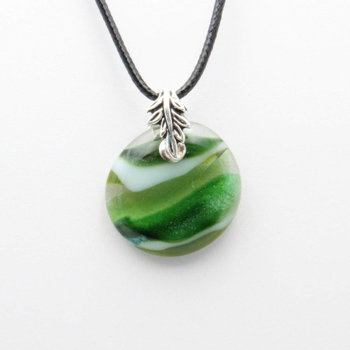 Light and Dark Green Glass Pendant with Silver Accents