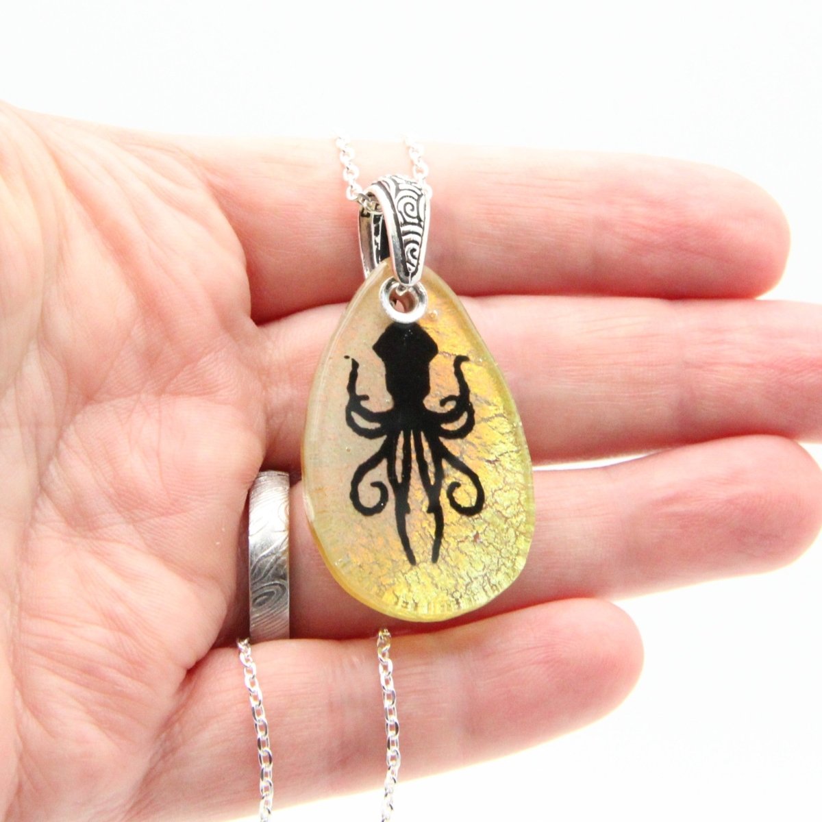 Pale Yellow Squid or Kraken Glass Pendant on a Silver Chain