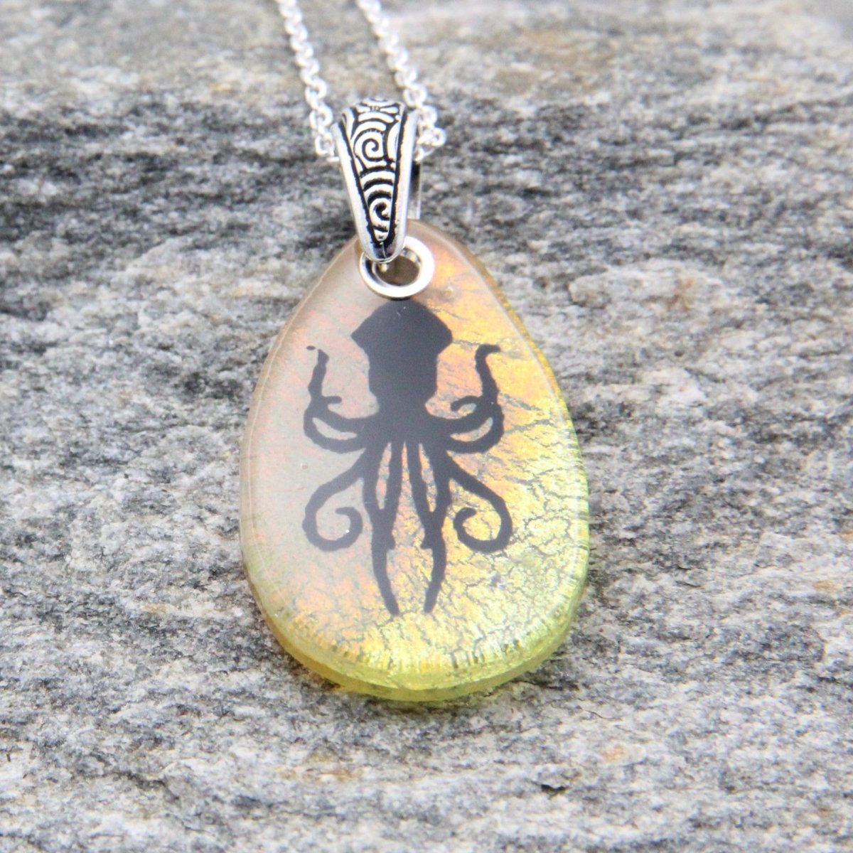 Pale Yellow Squid or Kraken Glass Pendant on a Silver Chain