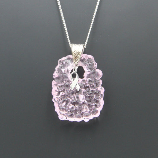 Pink Glass Pendant with Ribbon Charm on Silver Chain - Breast Cancer Awareness