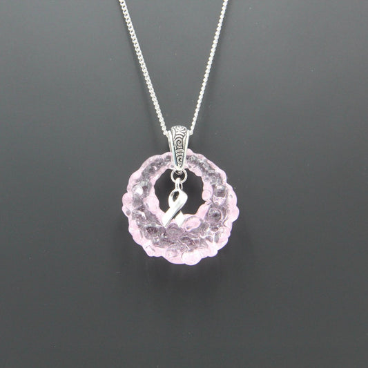 Pink Glass Pendant with Ribbon Charm on Silver Chain - Breast Cancer Awareness